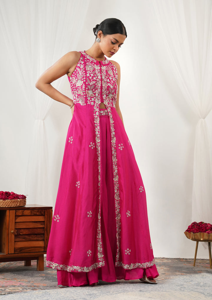 Rani Pink Zariwork Semi Crepe Readymade Salwar Suit