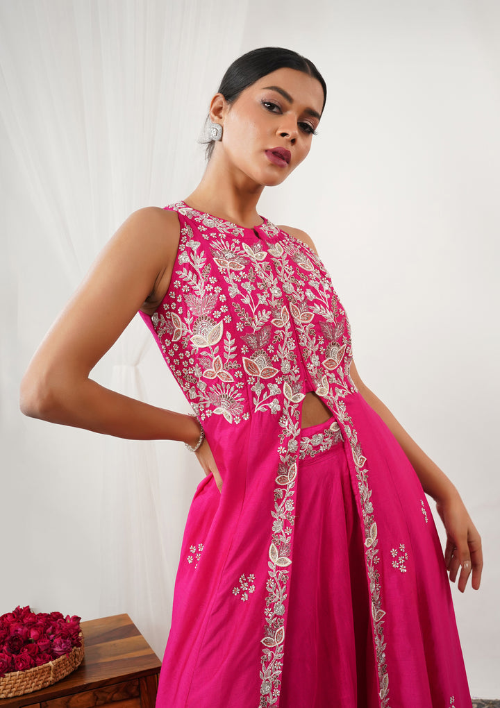 Rani Pink Zariwork Semi Crepe Readymade Salwar Suit