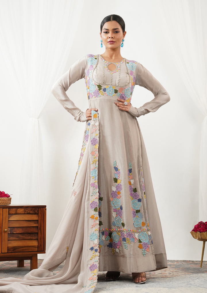 Beige Threadwork Taffeta Silk Readymade Salwar Suit