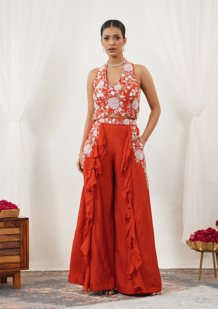 Orange Threadwork Semi Crepe Readymade Salwar Suit