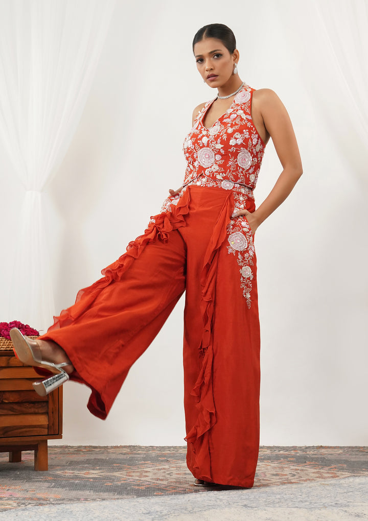 Orange Threadwork Semi Crepe Readymade Salwar Suit