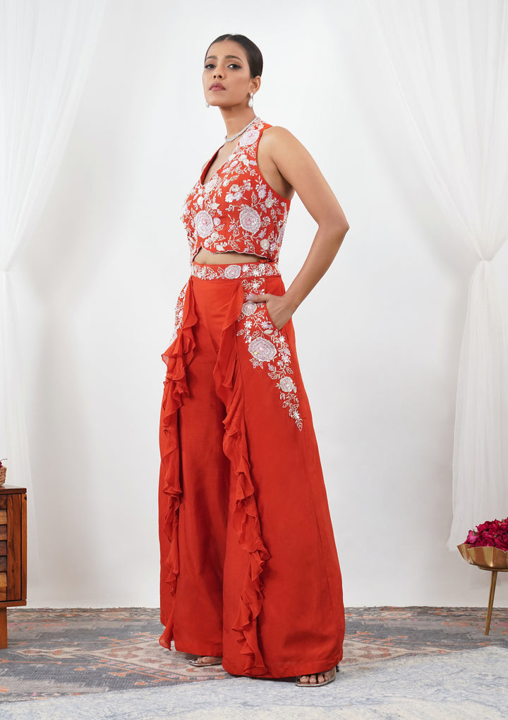 Orange Threadwork Semi Crepe Readymade Salwar Suit