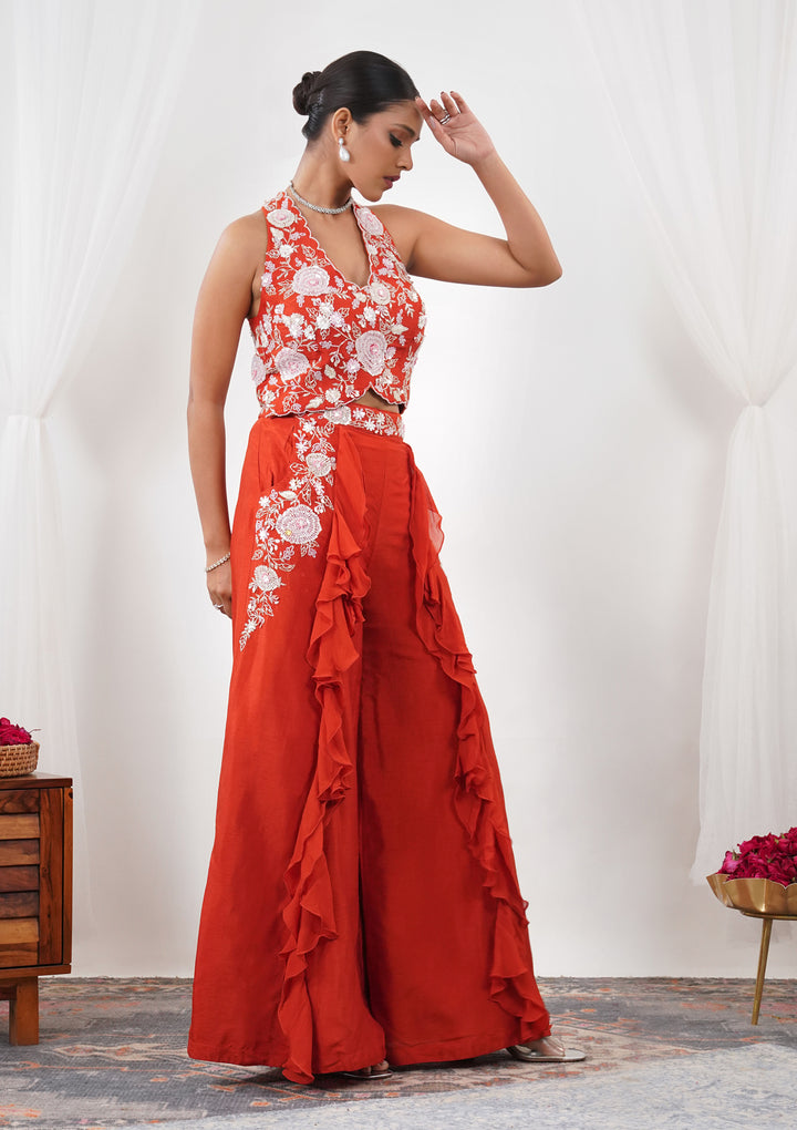 Orange Threadwork Semi Crepe Readymade Salwar Suit