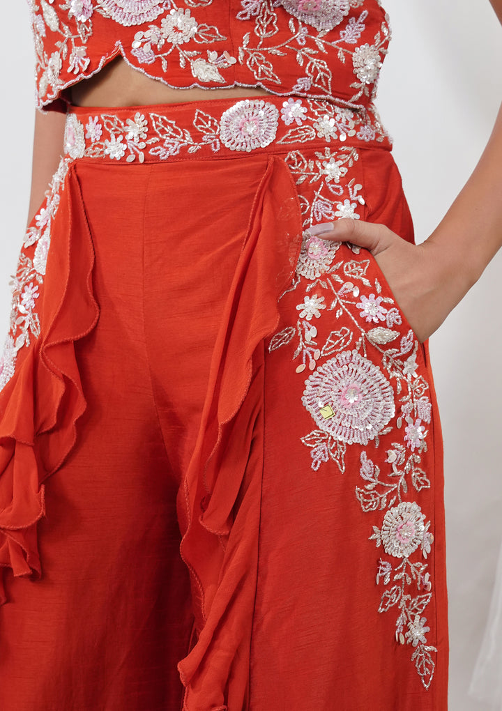 Orange Threadwork Semi Crepe Readymade Salwar Suit