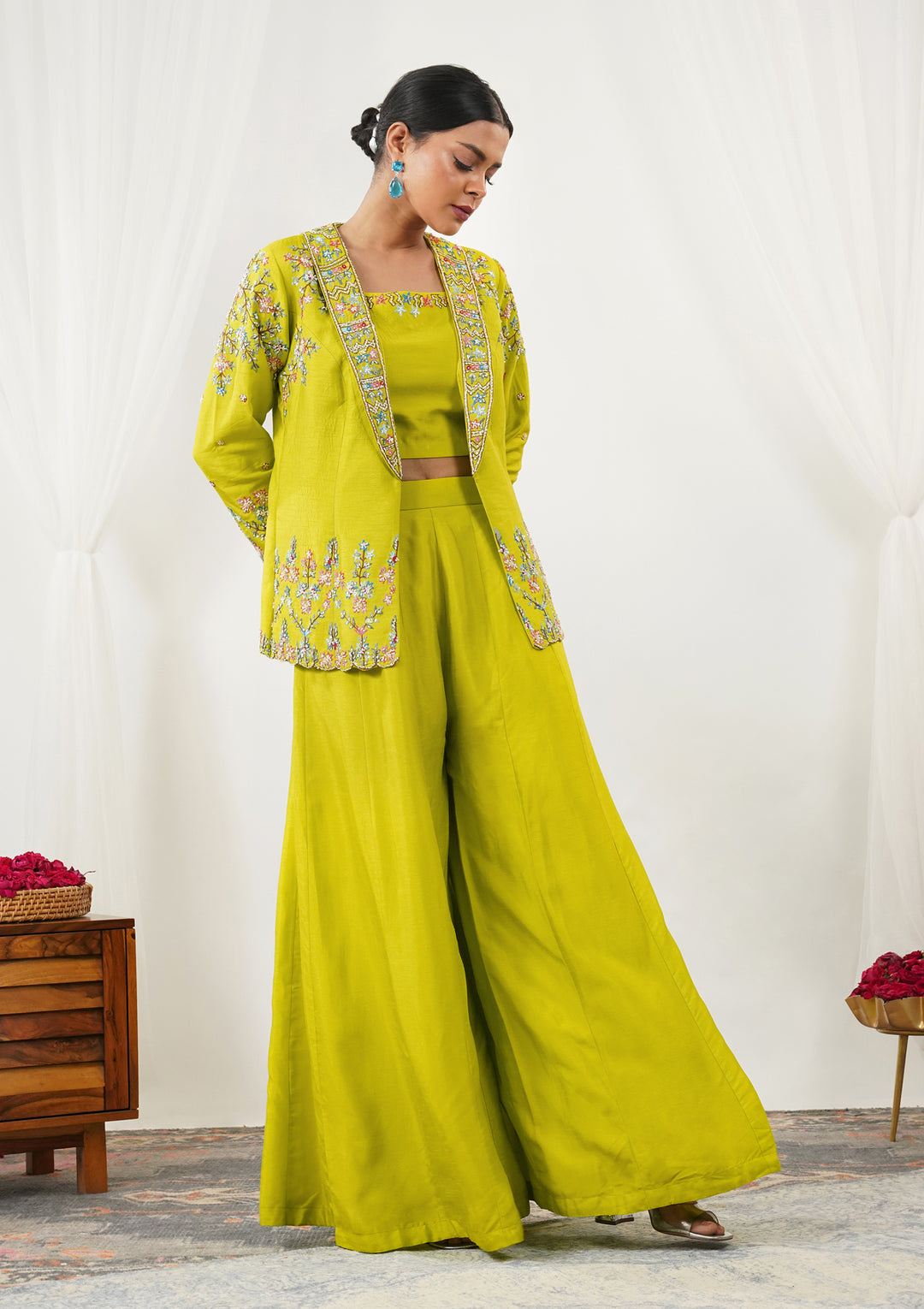 Parrot Green Sequins Raw Silk Readymade Salwar Suit