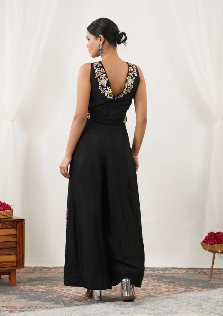 Black Threadwork Silk Readymade Salwar Suit