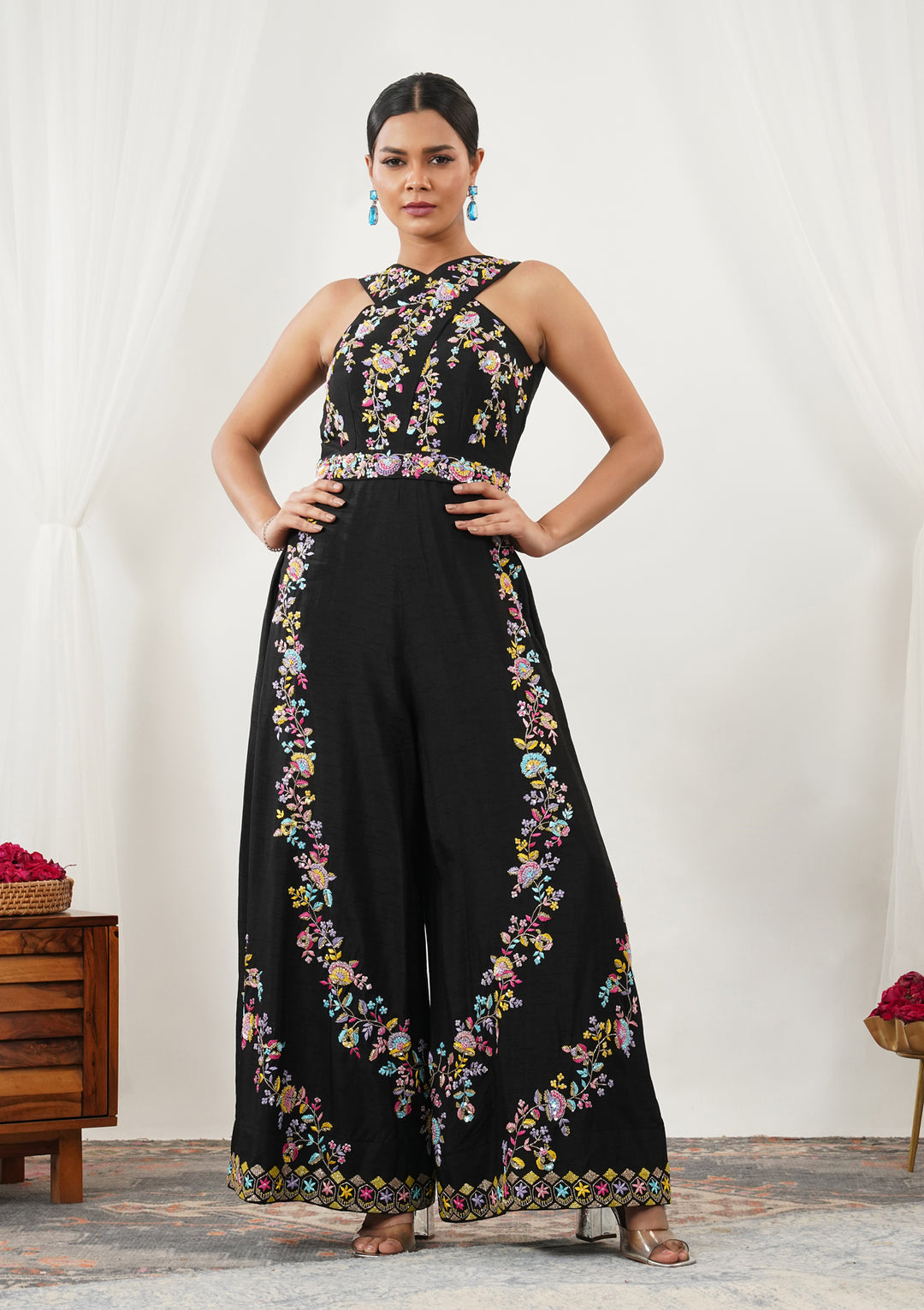 Black Threadwork Silk Readymade Salwar Suit