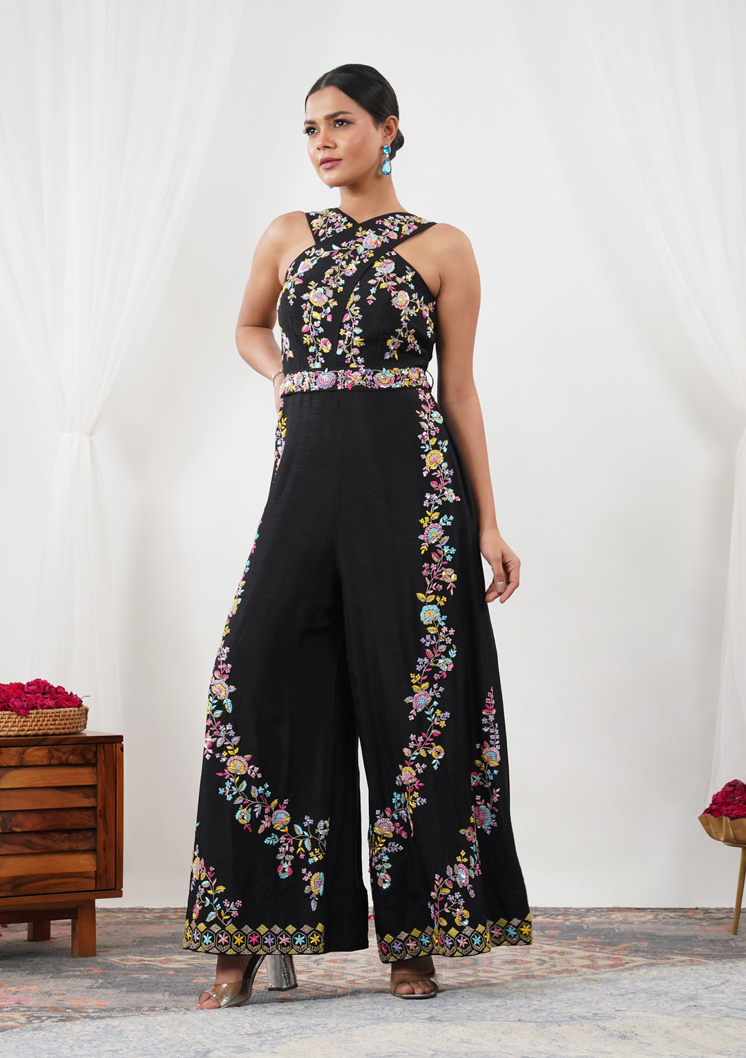 Black Threadwork Silk Readymade Salwar Suit