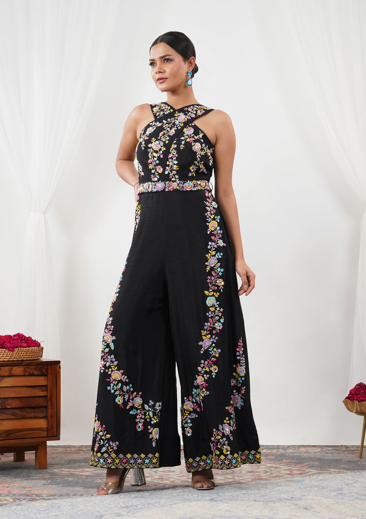 Black Threadwork Silk Readymade Salwar Suit