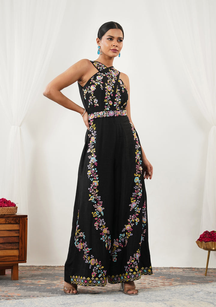 Black Threadwork Silk Readymade Salwar Suit