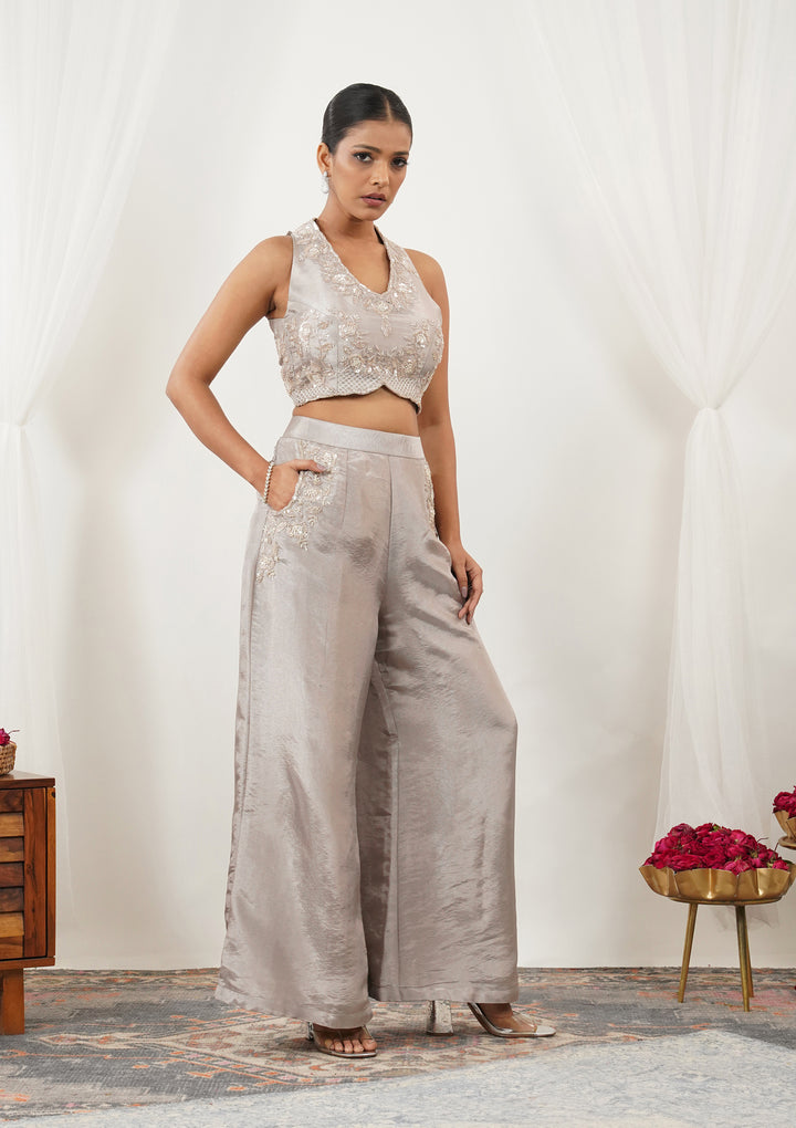 Grey Zariwork Silk Readymade Salwar Suit
