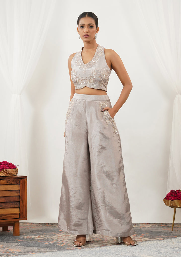 Grey Zariwork Silk Readymade Salwar Suit