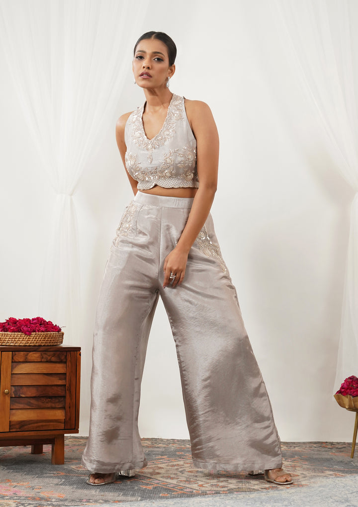 Grey Zariwork Silk Readymade Salwar Suit