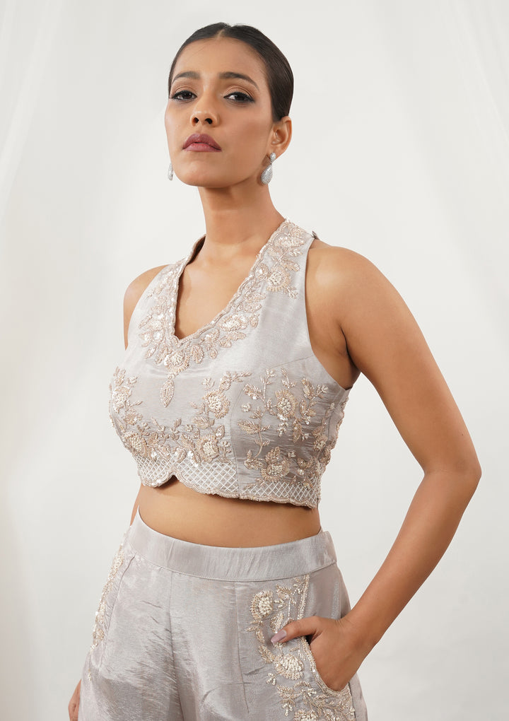 Grey Zariwork Silk Readymade Salwar Suit