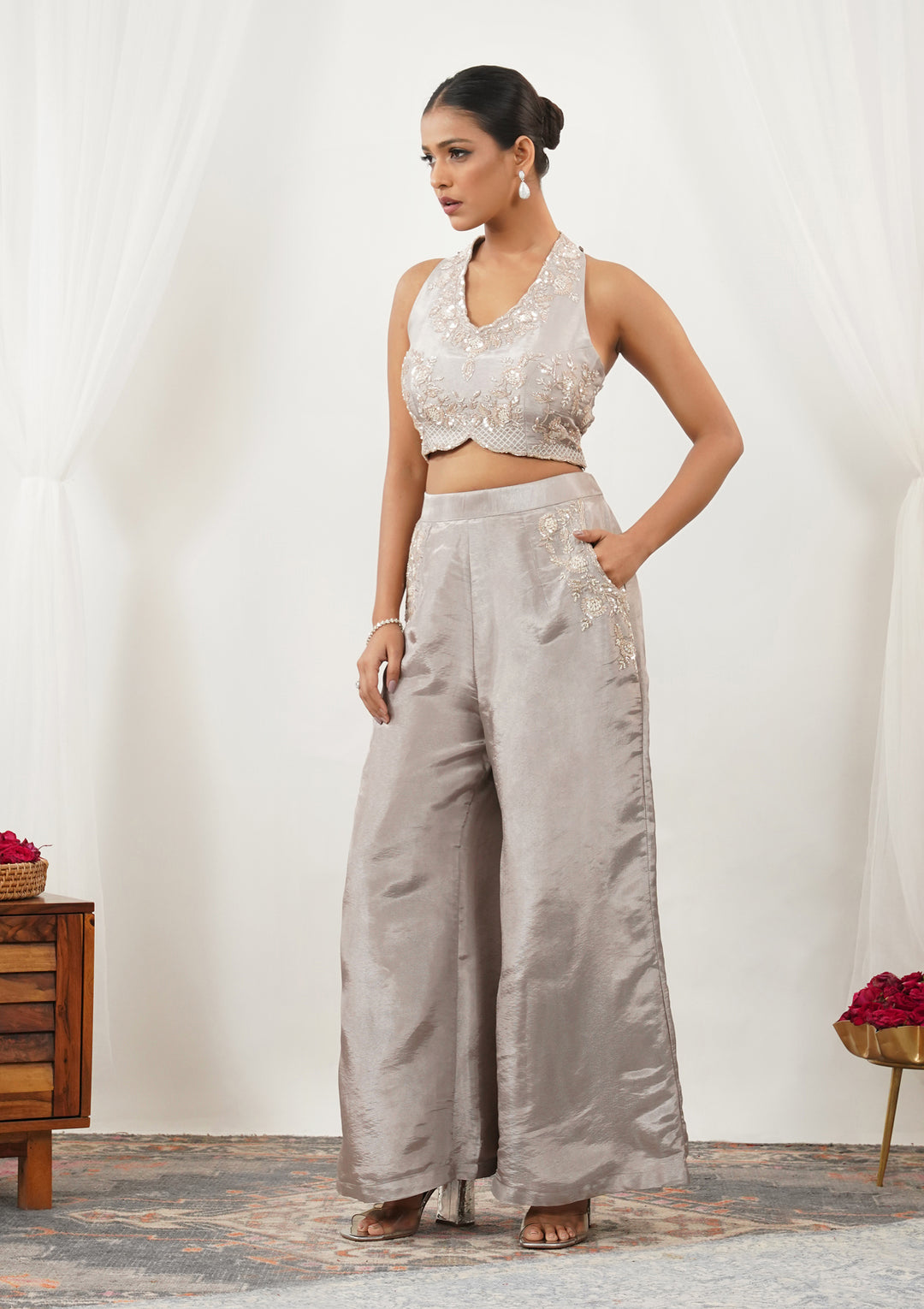 Grey Zariwork Silk Readymade Salwar Suit