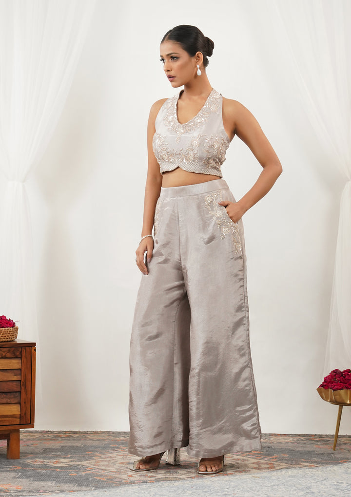 Grey Zariwork Silk Readymade Salwar Suit