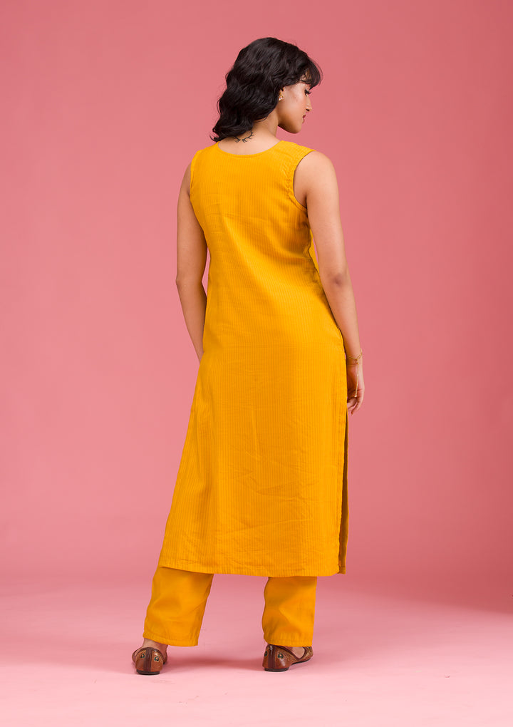 Mustard Threadwork Art Silk Readymade Salwar Suit