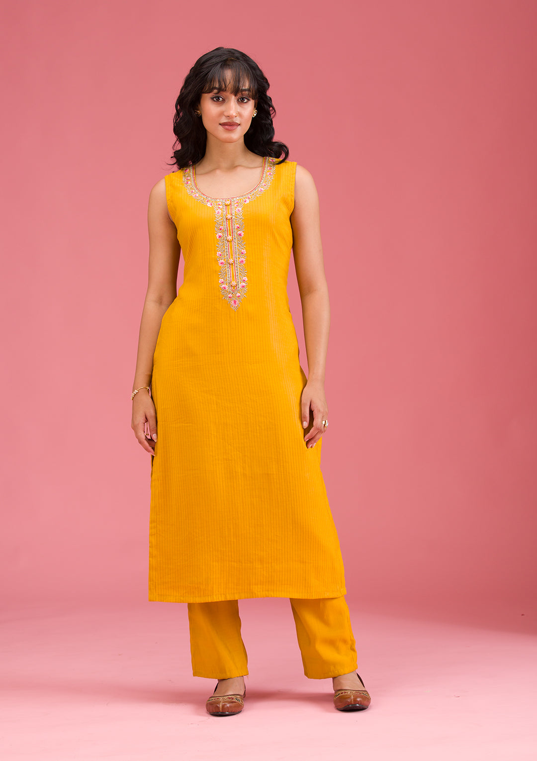 Mustard Threadwork Art Silk Readymade Salwar Suit