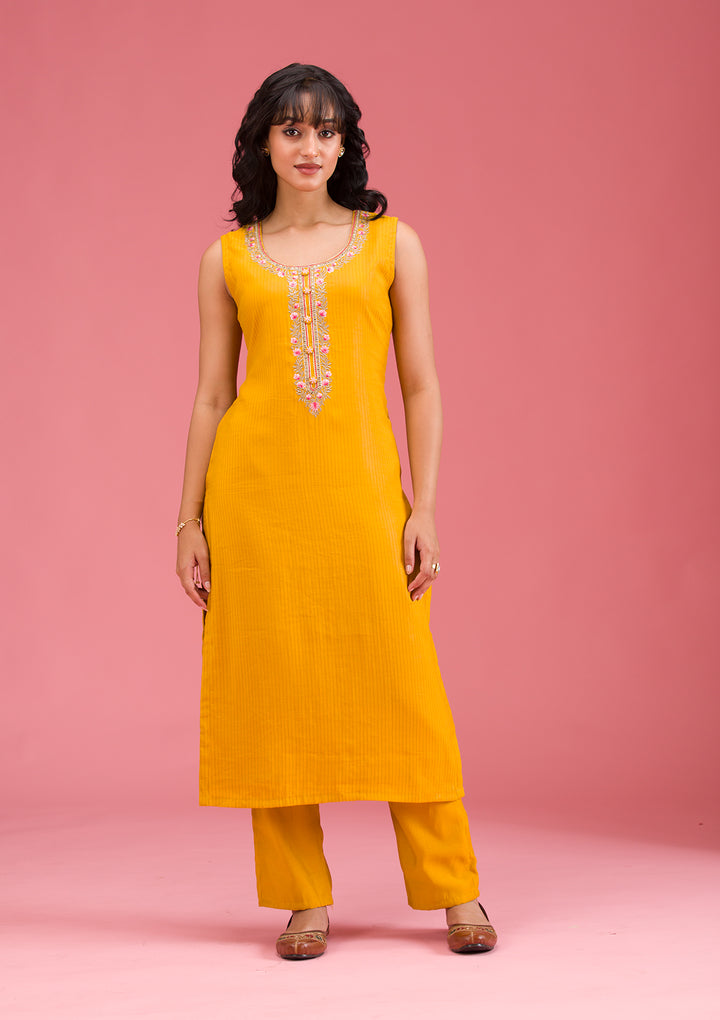 Mustard Threadwork Art Silk Readymade Salwar Suit