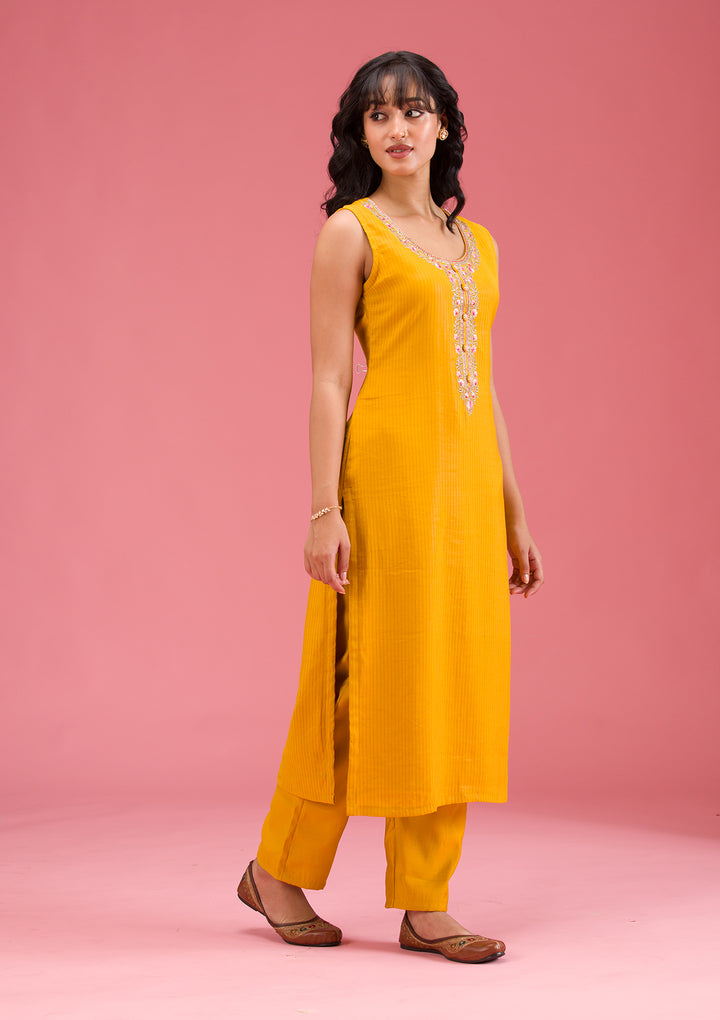 Mustard Threadwork Art Silk Readymade Salwar Suit