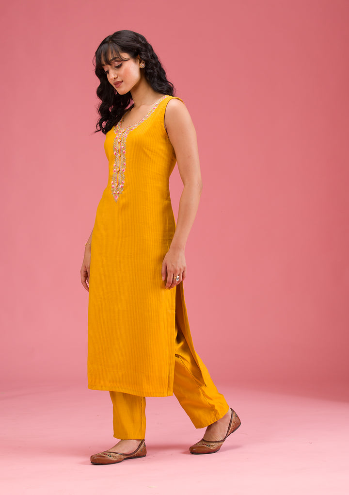 Mustard Threadwork Art Silk Readymade Salwar Suit