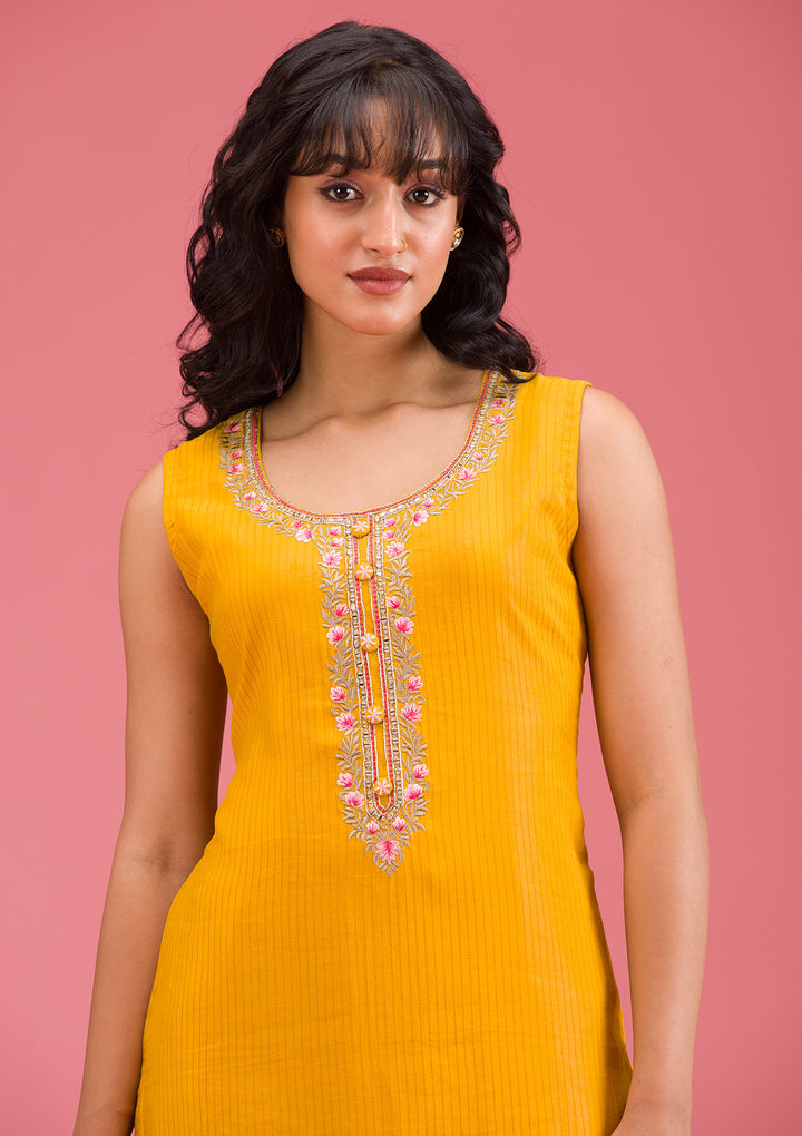 Mustard Threadwork Art Silk Readymade Salwar Suit