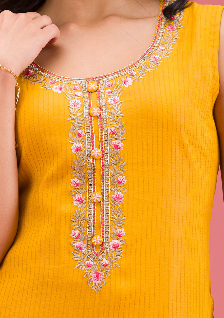 Mustard Threadwork Art Silk Readymade Salwar Suit