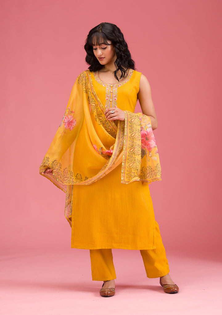 Mustard Threadwork Art Silk Readymade Salwar Suit