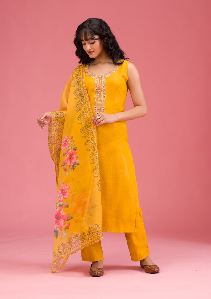 Mustard Threadwork Art Silk Readymade Salwar Suit