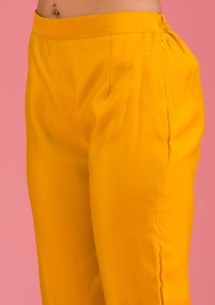 Mustard Threadwork Art Silk Readymade Salwar Suit