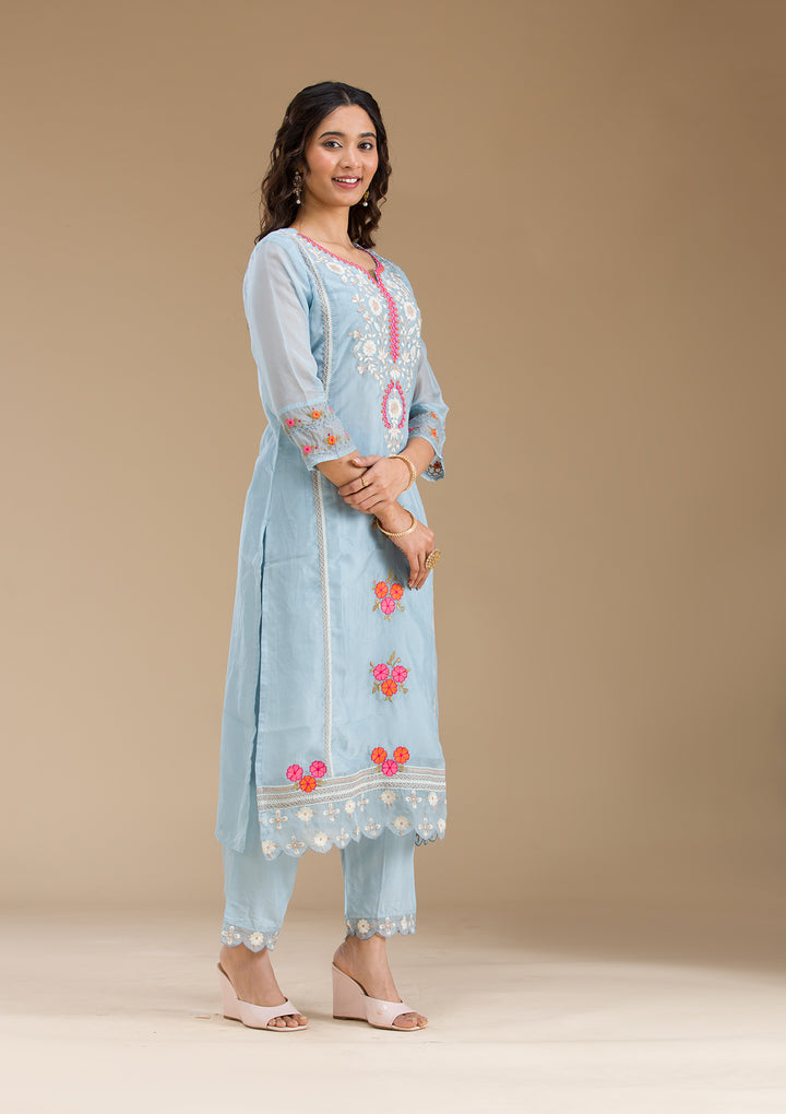 Sky Blue Threadwork Semi Crepe Readymade Salwar Suit