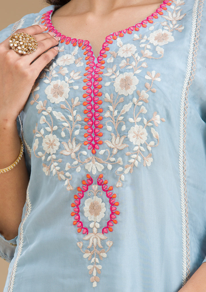 Sky Blue Threadwork Semi Crepe Readymade Salwar Suit