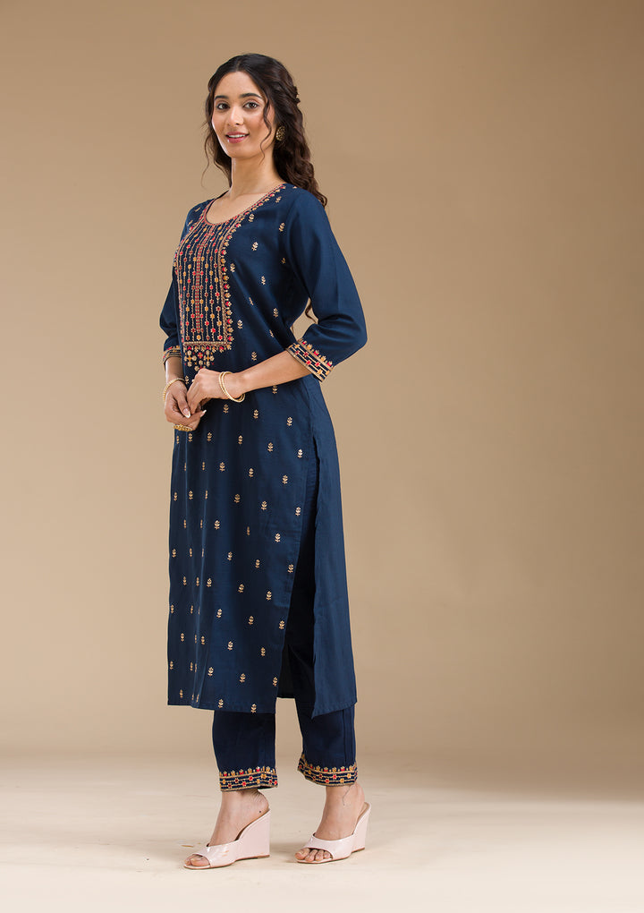 Navy Blue Threadwork Semi Crepe Readymade Salwar Suit