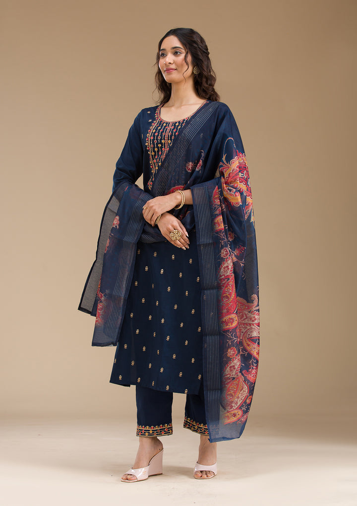 Navy Blue Threadwork Semi Crepe Readymade Salwar Suit