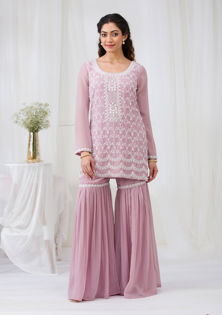 Lavender Threadwork Georgette Readymade Salwar Suit