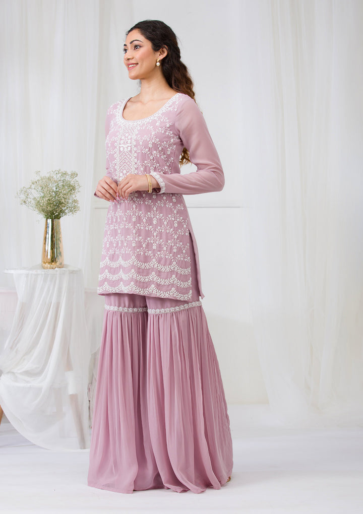 Lavender Threadwork Georgette Readymade Salwar Suit
