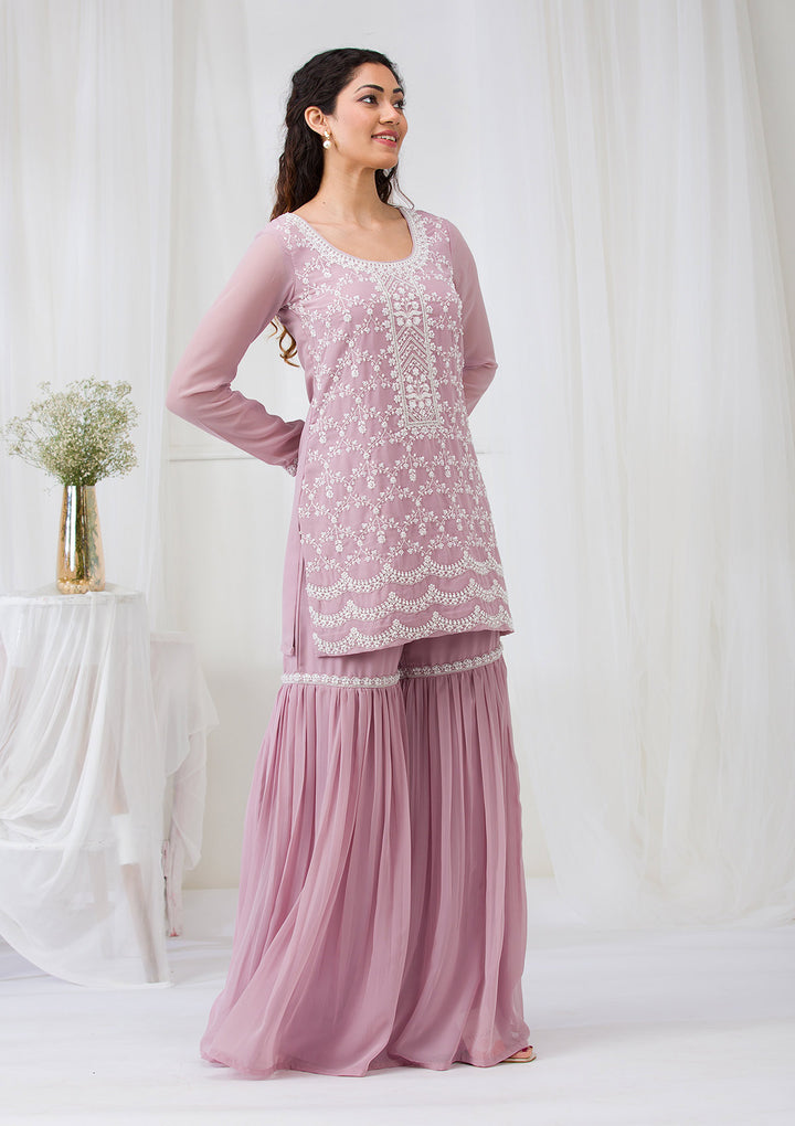Lavender Threadwork Georgette Readymade Salwar Suit