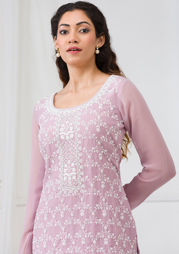 Lavender Threadwork Georgette Readymade Salwar Suit