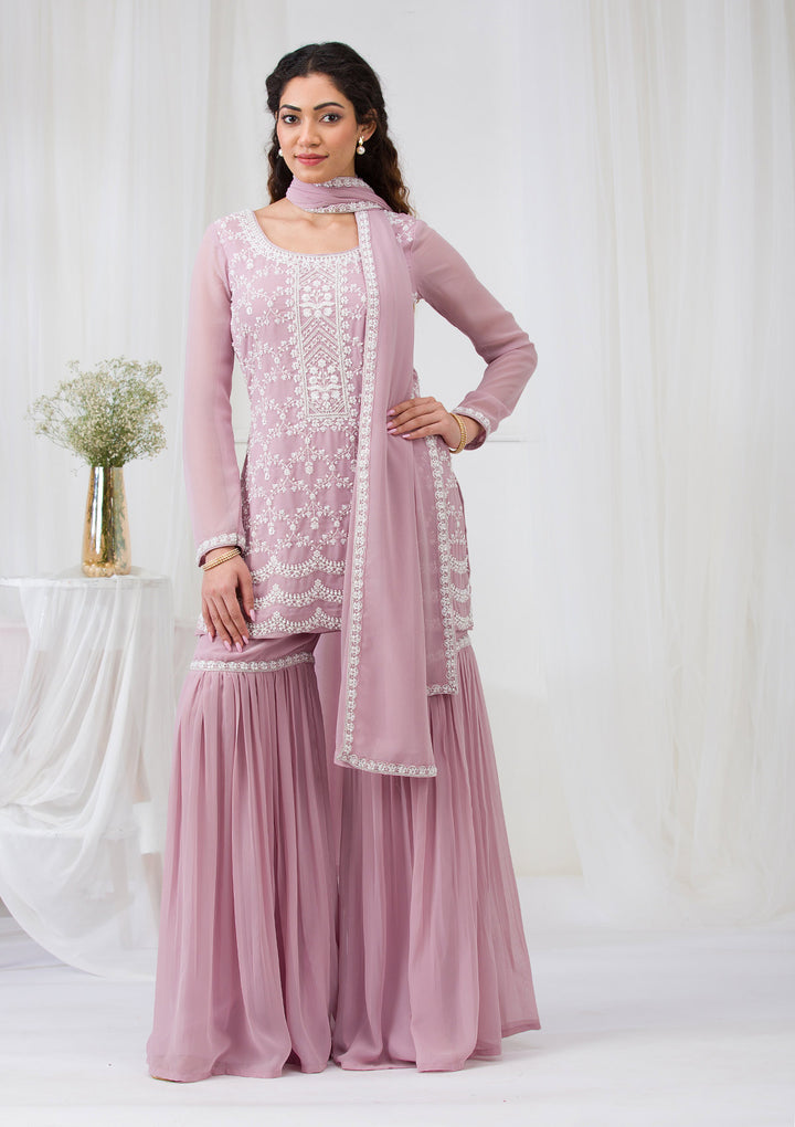 Lavender Threadwork Georgette Readymade Salwar Suit