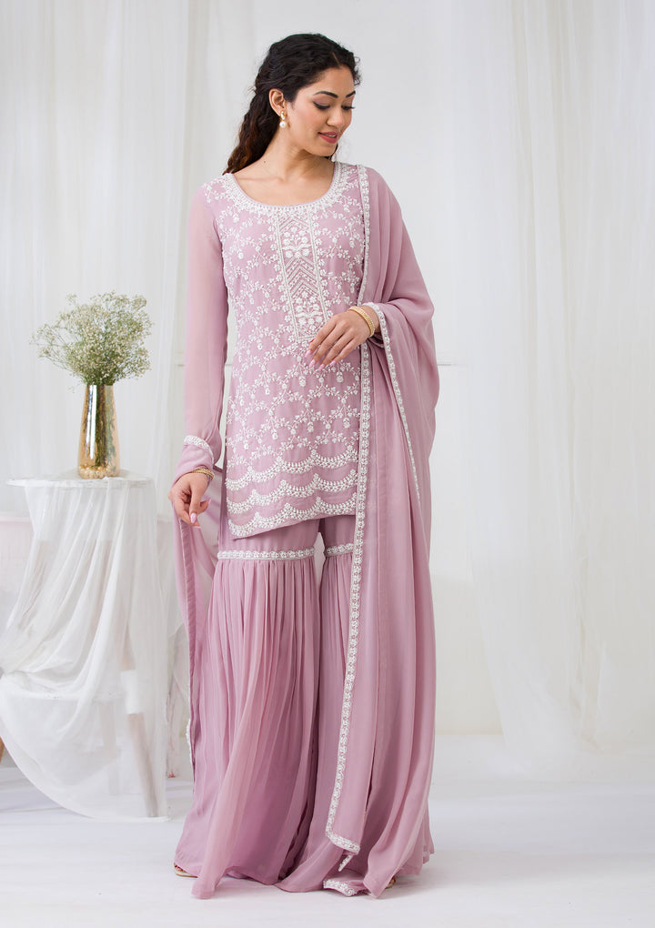 Lavender Threadwork Georgette Readymade Salwar Suit