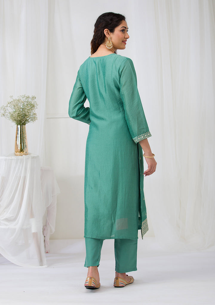 Sea Green Sequins Raw Silk Readymade Salwar Suit