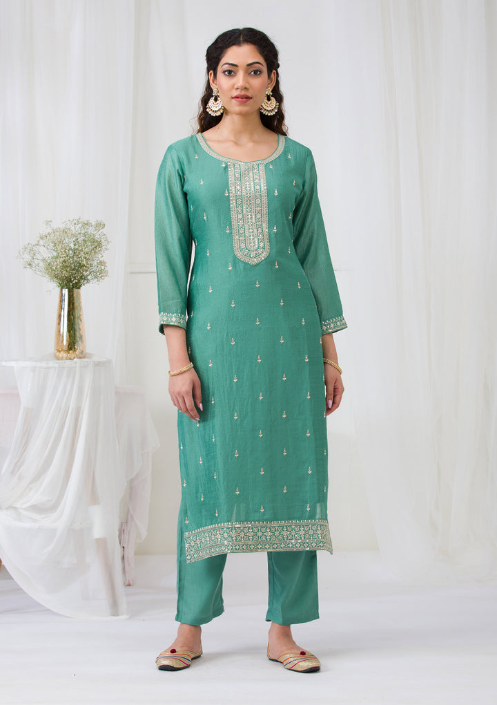 Sea Green Sequins Raw Silk Readymade Salwar Suit