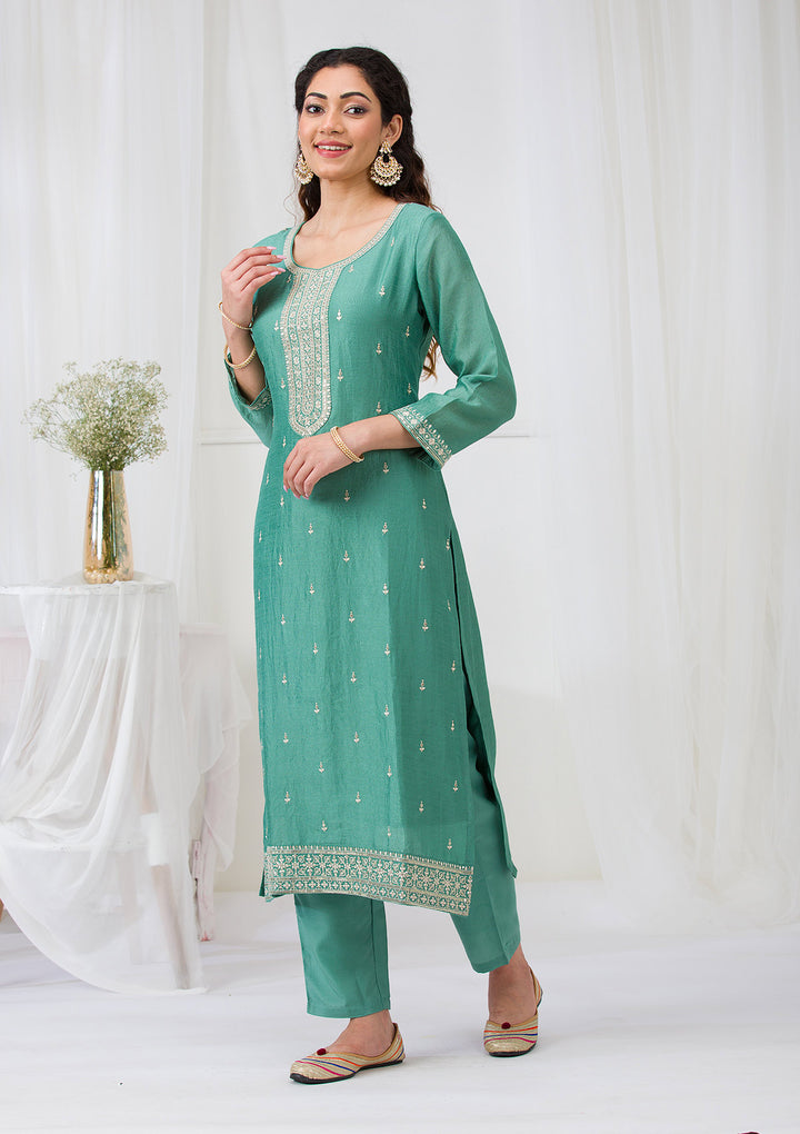 Sea Green Sequins Raw Silk Readymade Salwar Suit