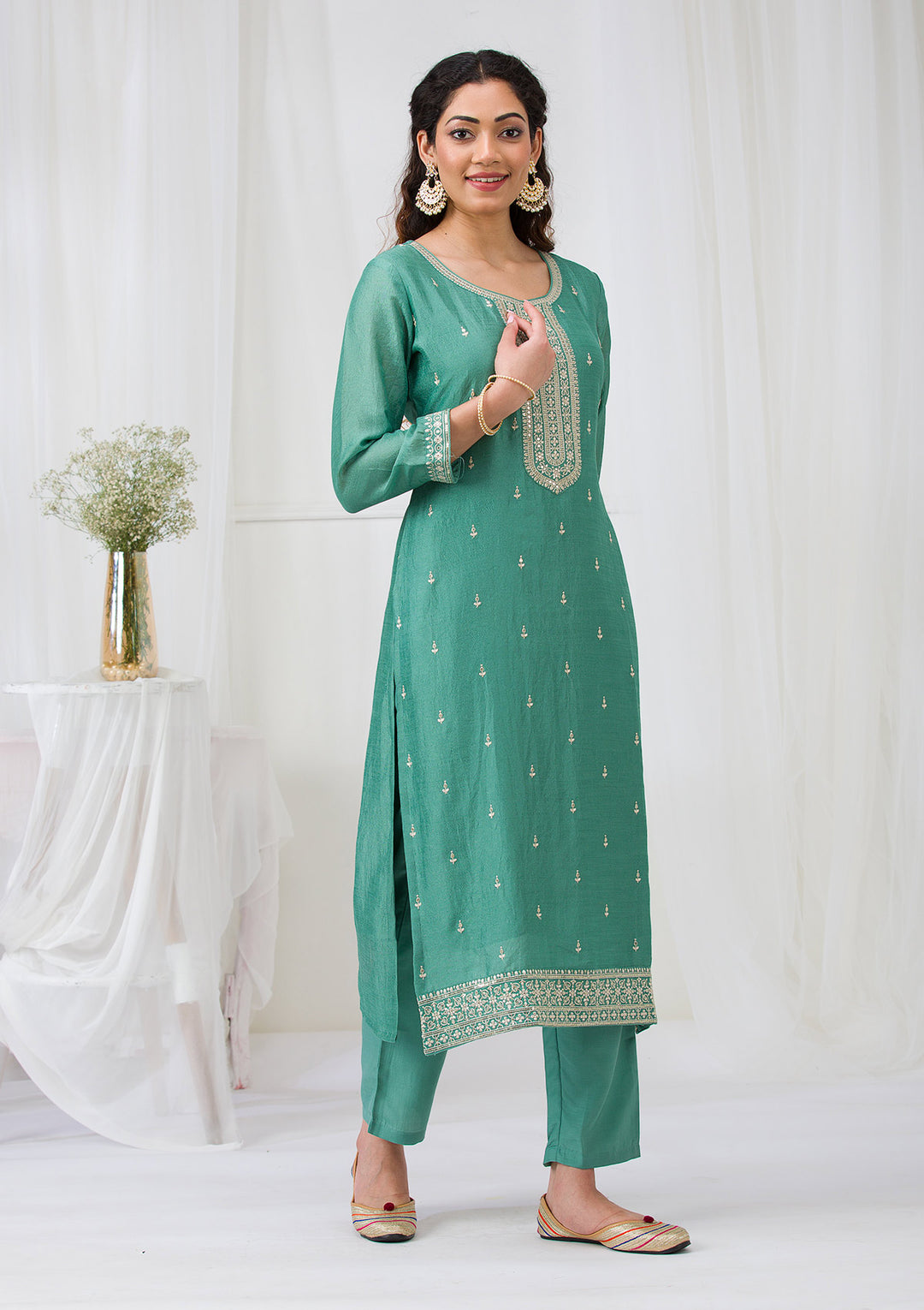 Sea Green Sequins Raw Silk Readymade Salwar Suit