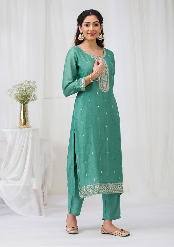 Sea Green Sequins Raw Silk Readymade Salwar Suit