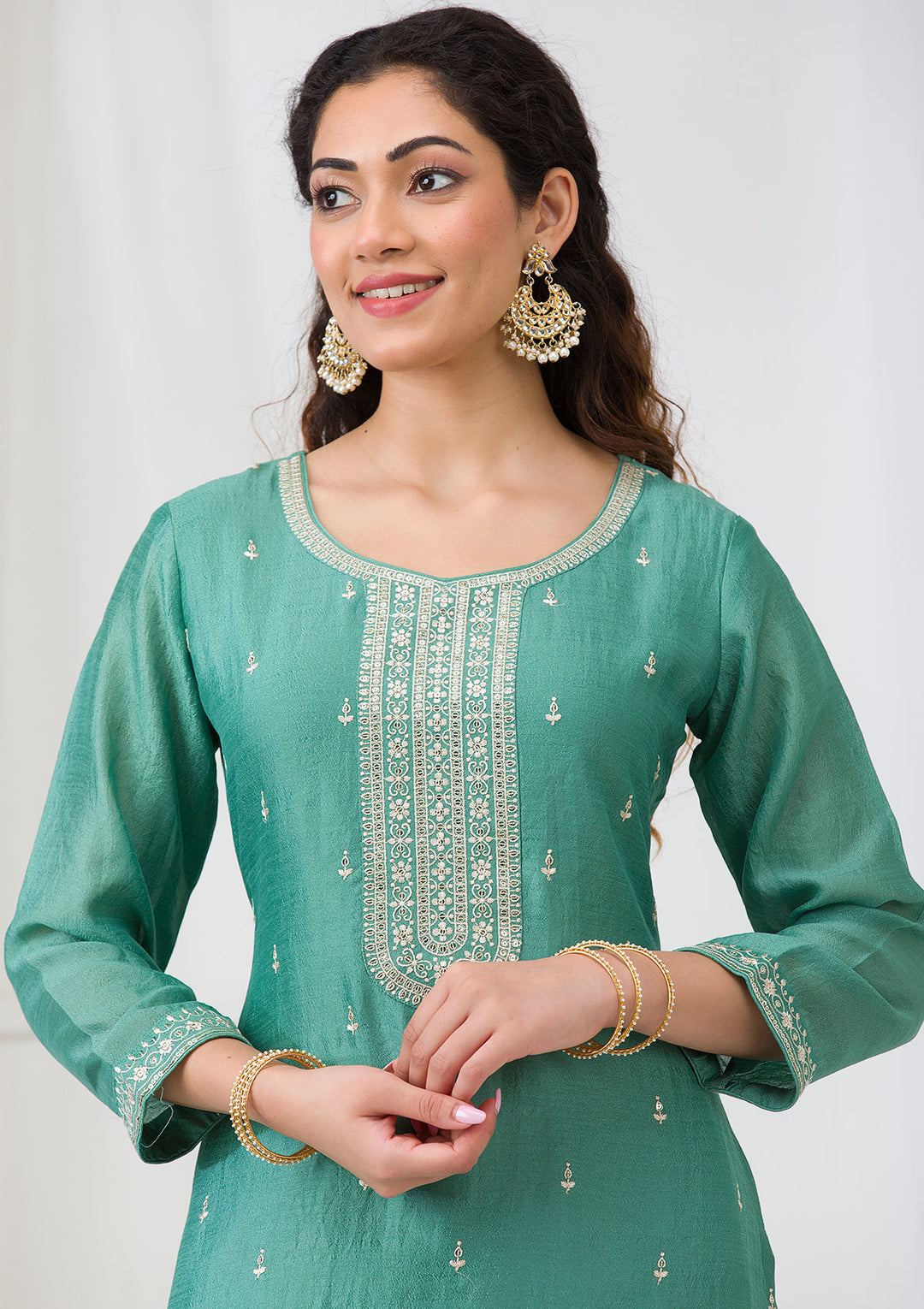 Sea Green Sequins Raw Silk Readymade Salwar Suit