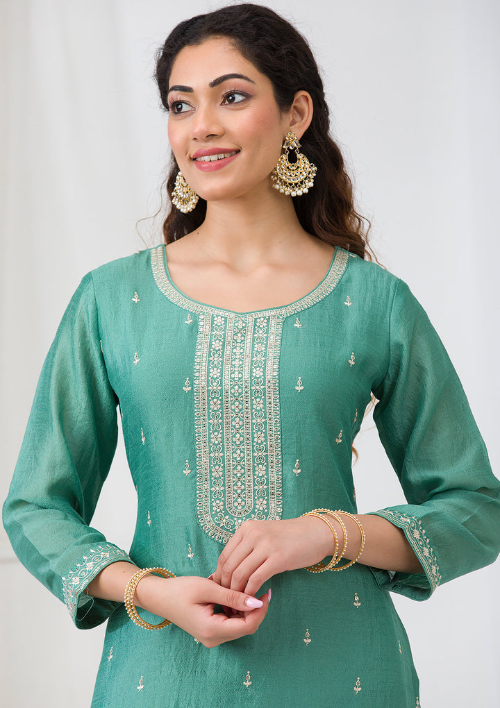 Sea Green Sequins Raw Silk Readymade Salwar Suit
