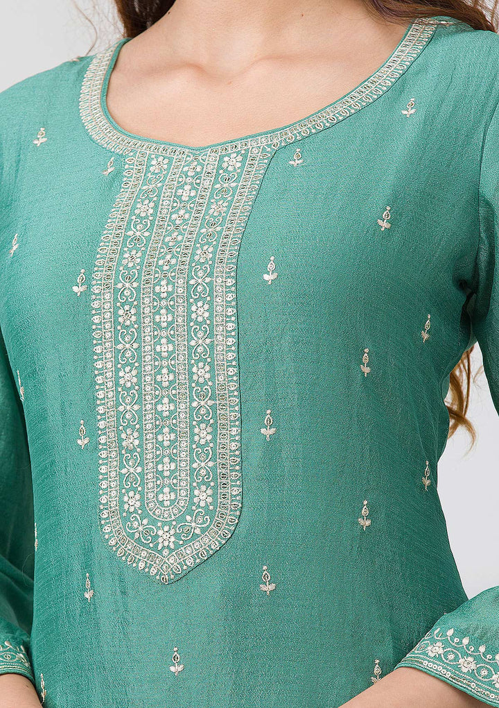 Sea Green Sequins Raw Silk Readymade Salwar Suit