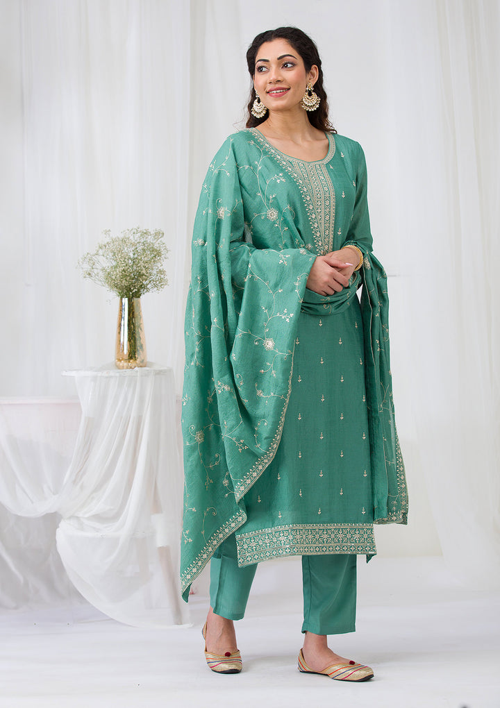 Sea Green Sequins Raw Silk Readymade Salwar Suit