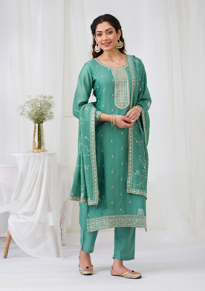 Sea Green Sequins Raw Silk Readymade Salwar Suit